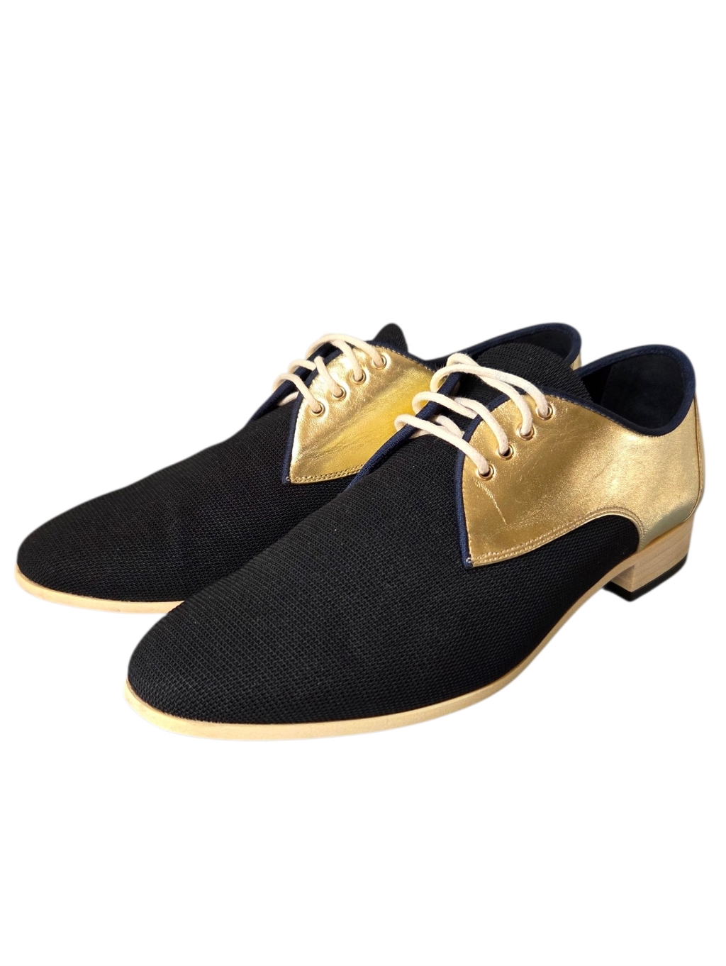 Chanel Cc Logo Gold Metallic Leather & Black Fabric Lace-Up Oxford Shoes 37.5